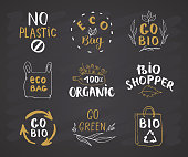 Eco and Bio Hand Drawn labels Set. Calligraphic Letterings with eco friendly sketch doodle elements. Vector illustration on chalkboard background