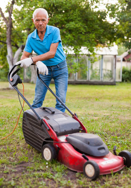 잔디 깎는 기계와 긍정적 인 노인 잔디 깎기 때 잔디 깎기 - rotary mower 뉴스 사진 이미지