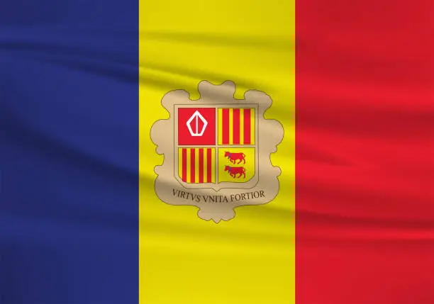 Vector illustration of Waving Andorra flag, official colors and ratio correct. Andorra national flag. Vector illustration.