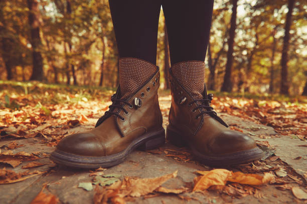 istock Women's legs standing in autumn leaves. 1187669569