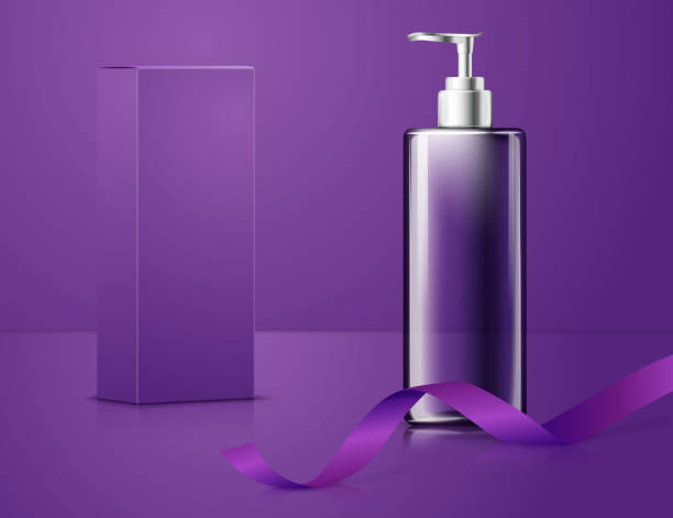 szklana butelka wektorowa, pudełko papierowe, fioletowe tło - liquid soap purple isolated cosmetics stock illustrations