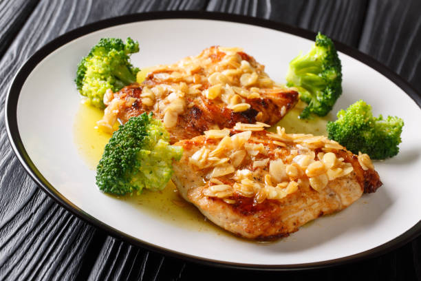 istock Festive fried chicken fillet with almonds served with broccoli close-up on a plate. horizontal 1187670759