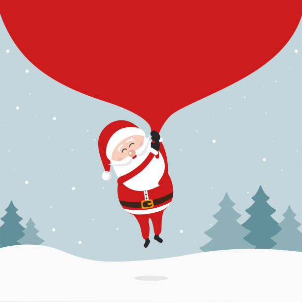 santa claus hält riesige tasche und fliegt zur lieferung weihnachtsgeschenke in der winter verschneiten landschaft. - santas bag stock-grafiken, -clipart, -cartoons und -symbole
