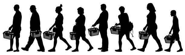 People with grocery baskets. Shopper basket. Set vector silhouette People with grocery baskets. Shopper basket. Set vector silhouette silhouette symbol computer icon shopping bag stock illustrations