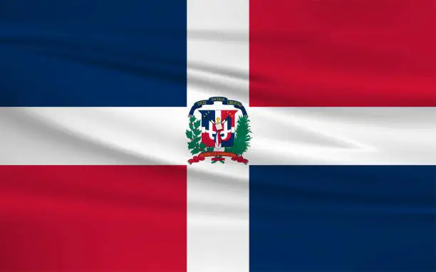 Vector illustration of Waving Dominican Republic flag, official colors and ratio correct. Dominican Republic national flag. Vector illustration.