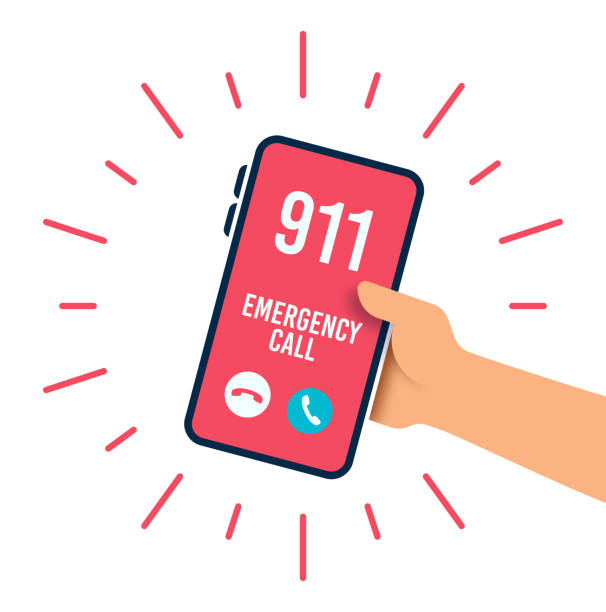 Emergency Telephone Call Emergency 911 police fire department telephone call. hand holding phone stock illustrations