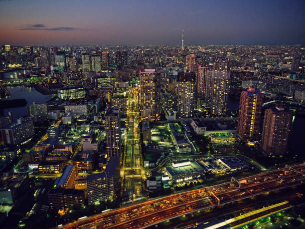 An aerial view of Tokyo, Japan just after sunset from a helicopter.