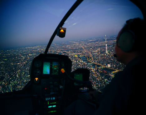 An aerial view of Tokyo, Japan just after sunset from a helicopter.