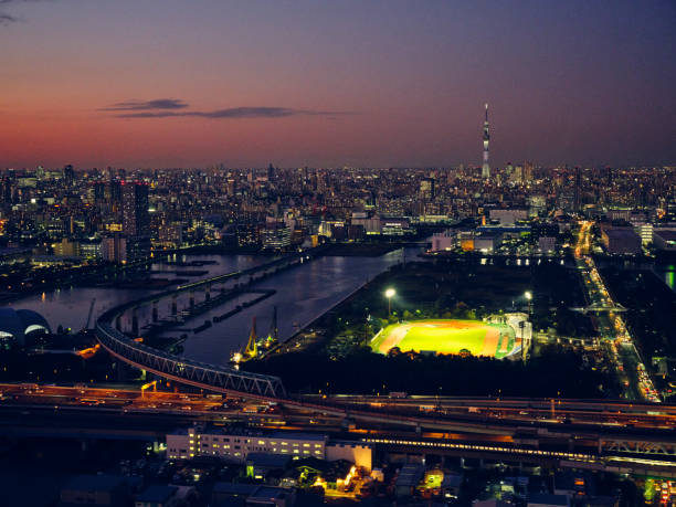 An aerial view of Tokyo, Japan just after sunset from a helicopter.