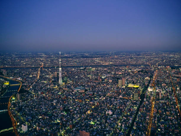 An aerial view of Tokyo, Japan just after sunset from a helicopter.