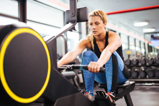 Young sporty woman working out on a rowing machine in a gym Young sporty woman working out on a rowing machine in a gym blonde female bodybuilders stock pictures, royalty-free photos & images