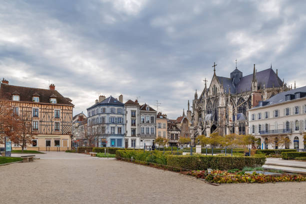 Square with Basilica of Saint Urban, Troyes, France stock photo