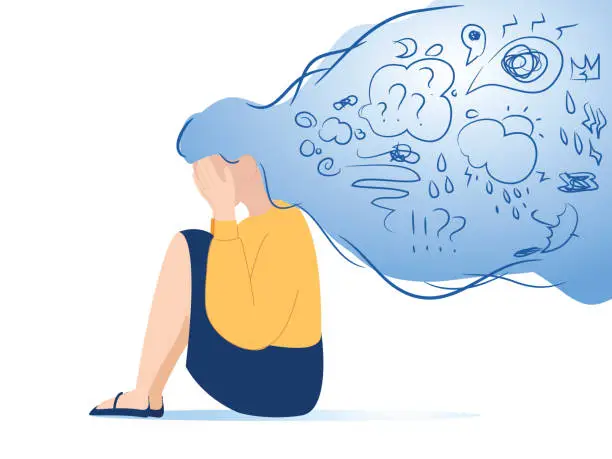 Vector illustration of Mental disorder, finding answers, confusion concept. Woman suffering from depression, closing face with palms in despair