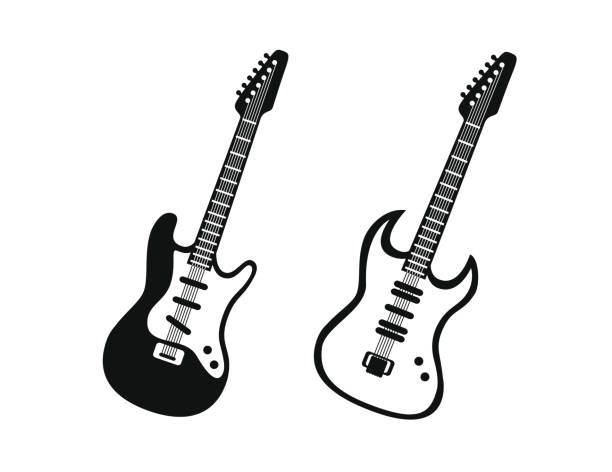 Play guitar icon. Simple illustration of play guitar vector icon for web design isolated on white background Play guitar icon. Simple illustration of play guitar vector icon for web design isolated on white background. Electric guitar silhouette symbol. Rock music icons for website, infographics, banners string instrument stock illustrations