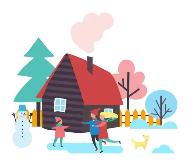 Vector illustration of Trees and Houses, Winter Season People Vector