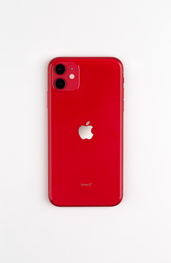 Rostov-on-Don, Russia - November 2019. Apple iPhone 11 PRODUCT RED on a white background. New smartphone from the company Apple close-up.