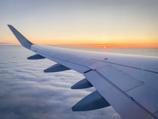 istock Airplane Wing Over Clouds at Sunrise 1187681461
