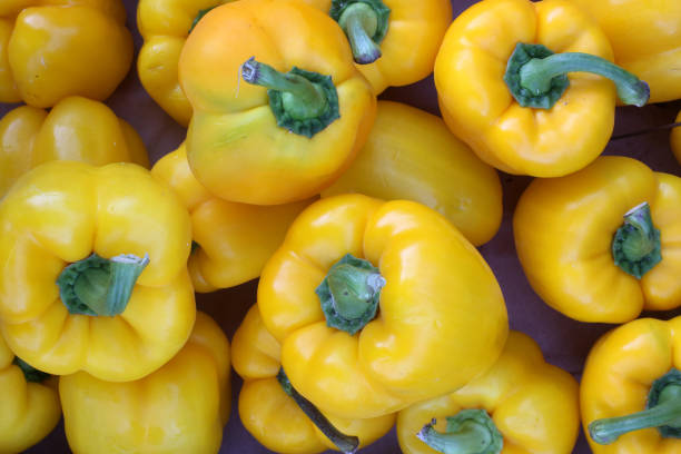 France. September, 18, 2019. This colorful image depicts the sale of yellow peppers on a local market.