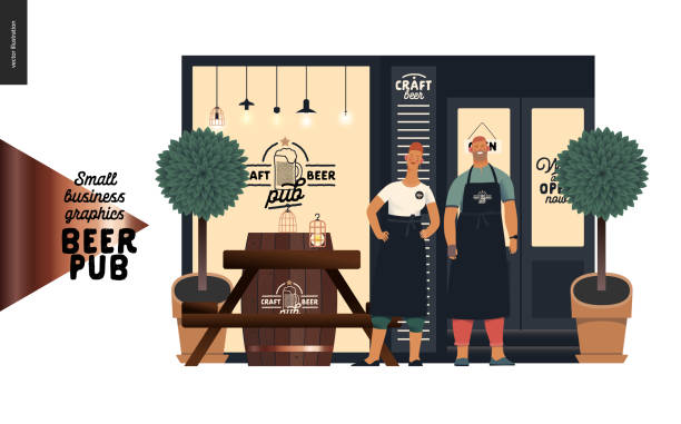 Brewery, craft beer pub - small business graphics - a bar facade and owners Brewery, craft beer pub -small business graphics -a bar facade and owners -modern flat vector concept illustrations -a pub front, shocase with logo, table, barrel, plants, bartenders wearing apron small business owner stock illustrations