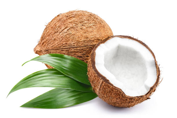 noci di cocco con foglie su bianco - powdered coconut foto e immagini stock