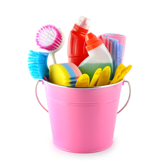 Detergents and cleaning products in bucket stock photo
