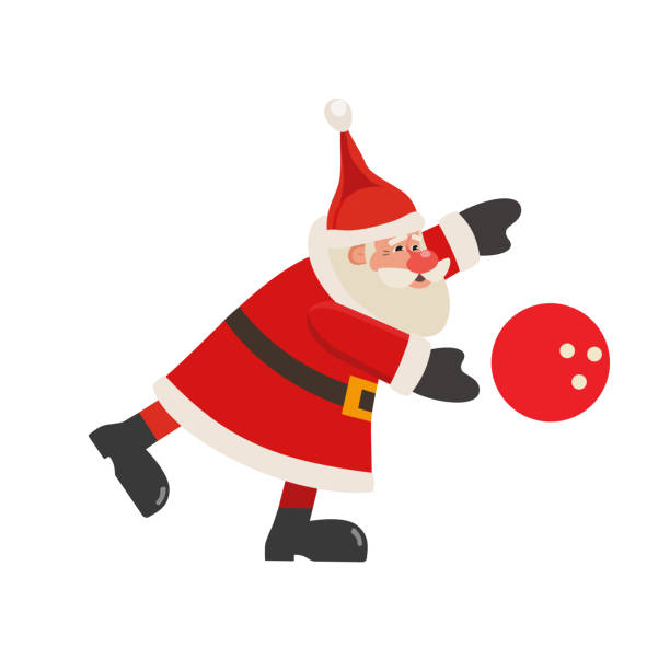 Santa Claus play bowling flat color vector icon Santa Claus play bowling vector icon isolated on white. Cartoon cute Father Christmas full length portrait. Winter season holiday bowling parties invitation, event celebration background Illustration christmas family party stock illustrations