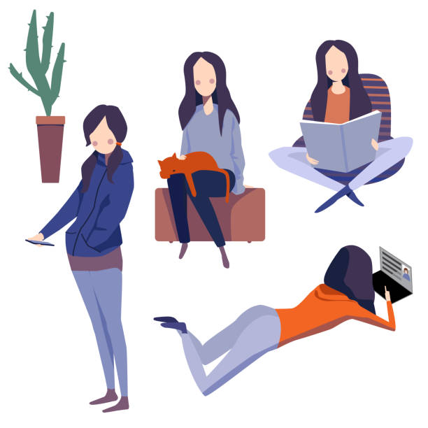 Girl reads, hand stroking cat, uses a smartphone, lies and chatting on laptop Set of illustration with diverse girls using mobile devices, computers and smartphones. One of them just reads, one sits and dreams. Social network woman lying on the floor isolated stock illustrations