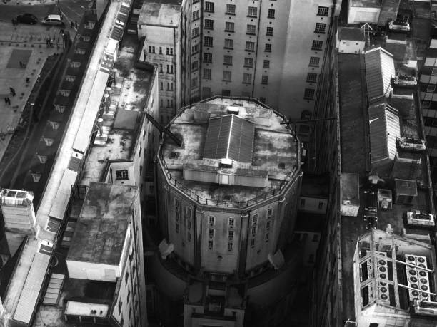 istock Black and white picture of building from above 1187689748