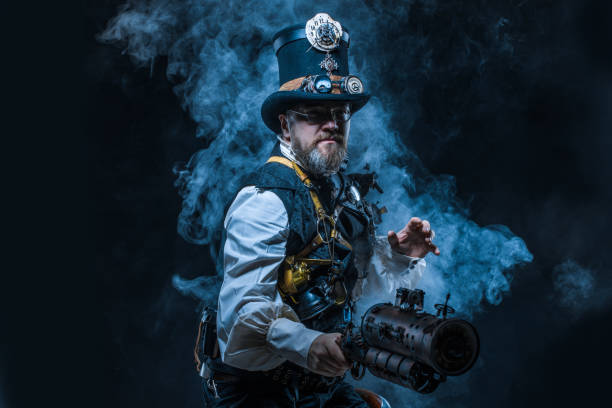 istock Steampunk male military character in a studio shot 1187689893