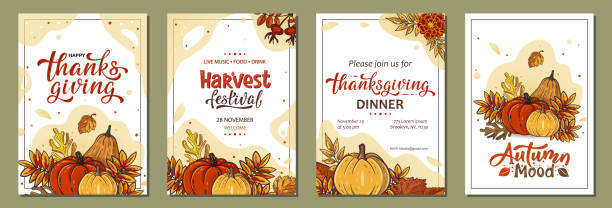 Set of Thanksgiving greeting cards and invitations with pumpkins, leaves, handwritten lettering Set of Thanksgiving greeting cards and invitations with pumpkins, leaves, handwritten lettering. Vector illustration for a Thanksgiving dinner, harvest festival. Template for poster, banner, cards harvest festival stock illustrations