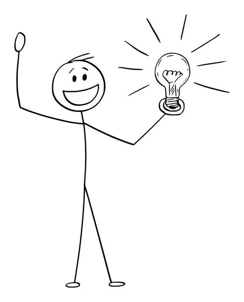 Vector illustration of Vector Cartoon Illustration of Celebrating Creative Man or Businessman with Idea or Solution Holding Shining Light Bulb