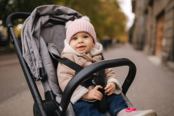 プラムでかわいい赤ちゃん。彼女のプラムに座っている秋の愛らしい女の子 - ベビーカー ストックフォトと画像