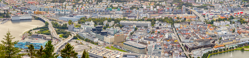 Scenic mountaintop aerial view of the beautiful city of Bergen, Norway.