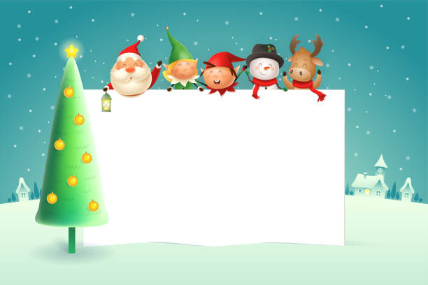 illustrazioni stock, clip art, cartoni animati e icone di tendenza di modello poster di natale con babbo natale elfi snowman renna e albero di natale - paesaggio invernale sullo sfondo - christmas child