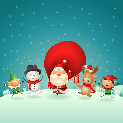 Christmas Friends Elves Santa Snowman and Reindeer celebrate holidays - jumping singing dancing on winter night scene - vector illustration