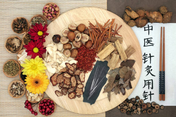 herbes chinoises et aiguilles d'acupuncture - acupuncture chinese medicine medicine chinese script photos et images de collection