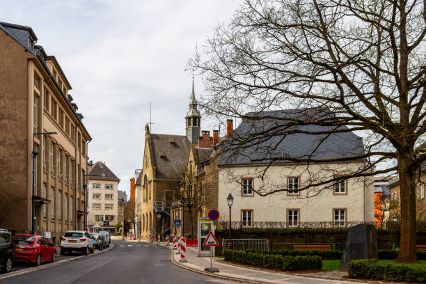 Ettelbruck, Luxembourg - April 03, 2016: Beautiful streetscape with part of the town hall in Ettelbruck, Canton of Diekirch Luxembourg