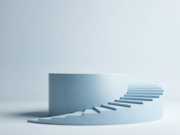 Spiral stair with pedestal, winner podium on blue background