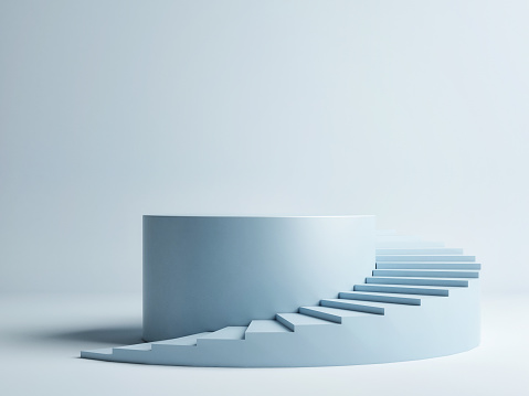 Spiral stair with pedestal, winner podium on blue background, 3d render, 3d illustration