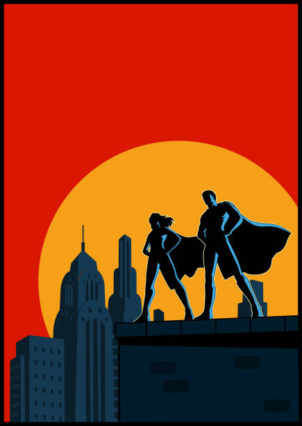 Vector Superhero Couple Retro Poster Illustration A retro style vector illustration of a couple of superhero standing on a rooftop with art deco city skyline in the background. Wide space available for your copy. decoteau stock illustrations