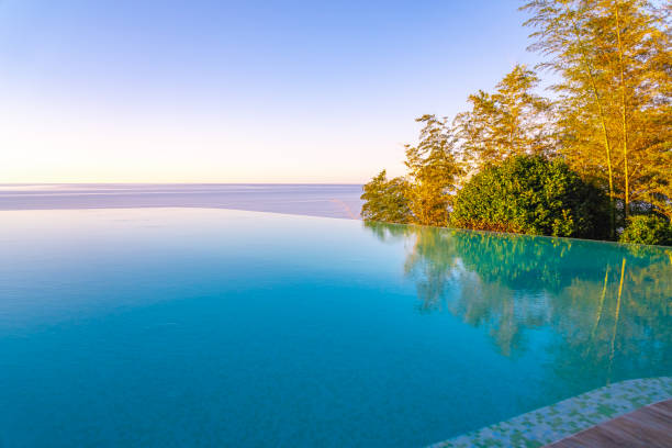 istock Infinity Edge Swimming Pool Water, Beautiful Black Sea View. 1187701630