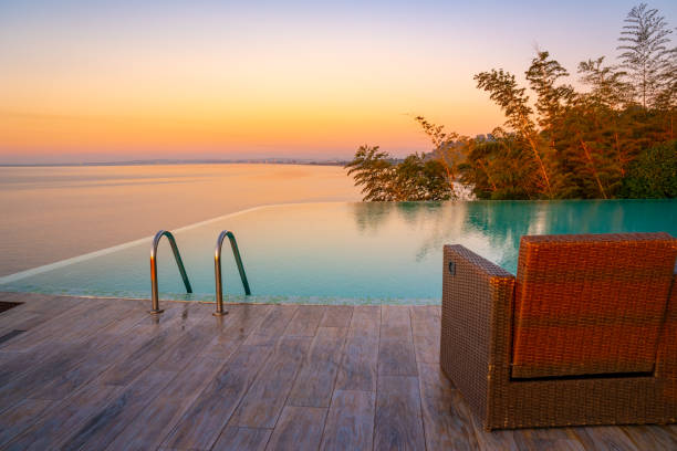 istock Infinity Edge Swimming Pool Water, Beautiful Black Sea View at sunset. 1187701631