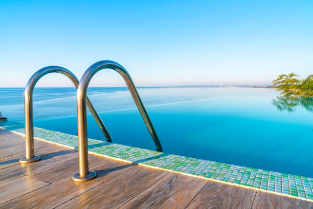 istock Infinity Edge Swimming Pool Water, Beautiful Black Sea View. 1187701654