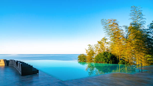 istock Infinity Edge Swimming Pool Water, Beautiful Black Sea View. 1187701658