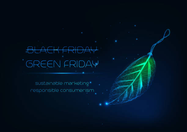 Futuristic green Friday concept with glowing low poly leaf tag and text on dark blue background. Futuristic green Friday concept with glowing low polygonal leaf tag and text on dark blue background. Sustainable marketing, responsible consumerism. Modern wire frame mesh design vector illustration. lacey green stock illustrations
