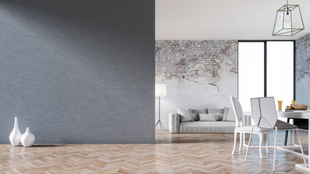 istock Empty living room with sofa, table and chairs - ruined wall 1187709179