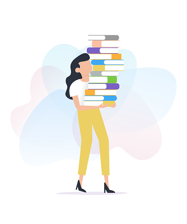 Woman carrying stack of books