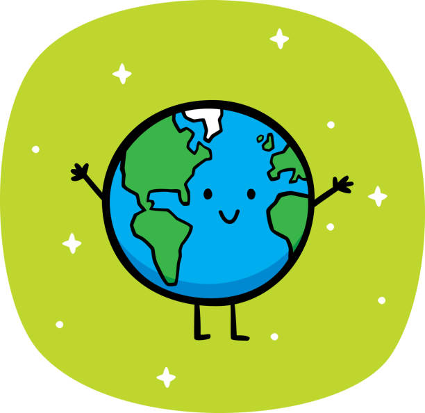 Happy Earth Doodle Vector illustration of a hand drawn happy, smiling Earth against a green background. anthropomorphic face illustrations stock illustrations