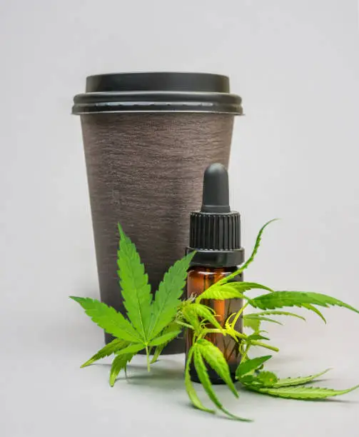 Cannabis CBD infused Coffee with hemp leaves, concept of usage of cannabis in food and drink industry