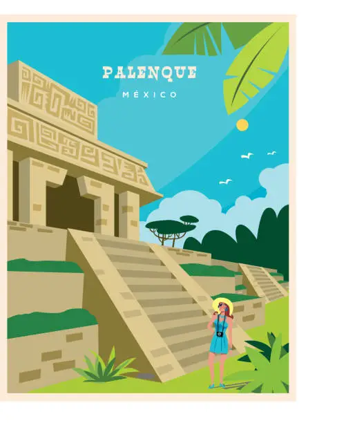 Vector illustration of Palenque Chiapas Mayan Ruins in Mexico